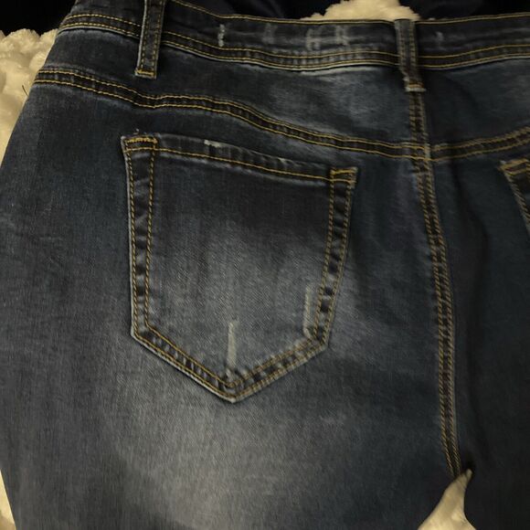 Women’s Plus SZ 21 Dark Wash Mid Rise Distressed Slim Straight Jeans Stretch - Picture 11 of 14